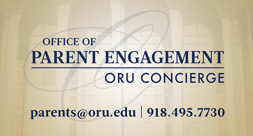 blue text over a tan background reading Office of Parent Engagment | ORU Concierge | parents@oru.edu | 918-495-7730