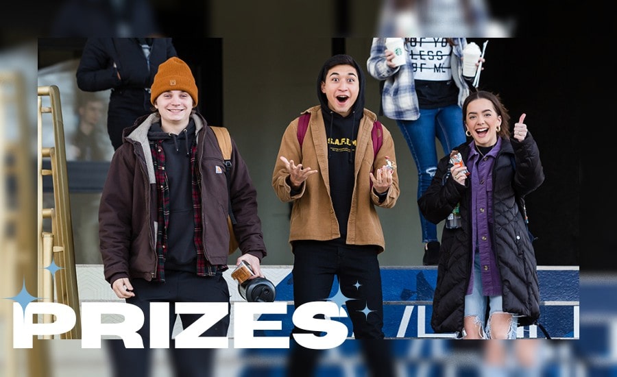 Excited ORU Students On-Campus with Text at the bottom that reads "Prizes"