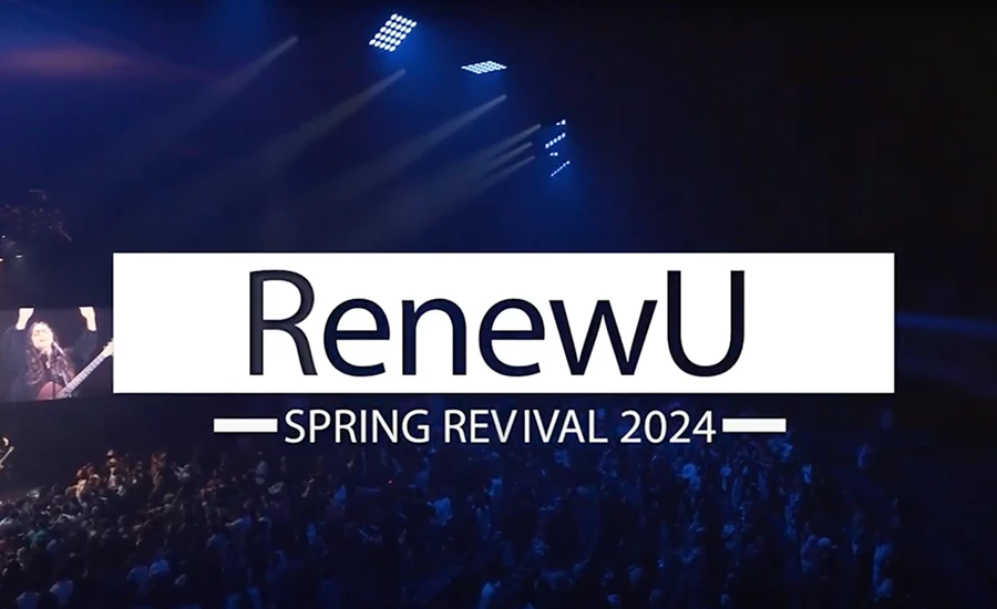 Image of ORU's Chapel during RenewU with text reading, "Renew U. Spring Revival 2024"