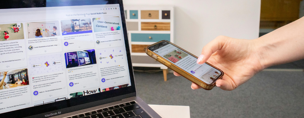 Social media management and digital content on a laptop and smartphone.