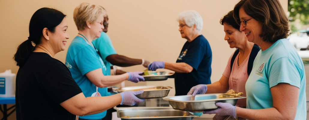 Volunteers serving meals to community members during a nonprofit outreach event.