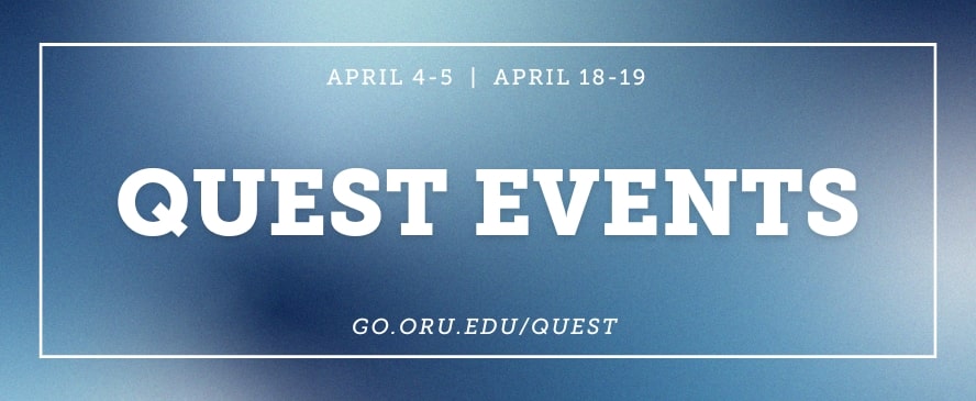 Students Outside on ORU's Campus with the Summer Quest logo centered over it
