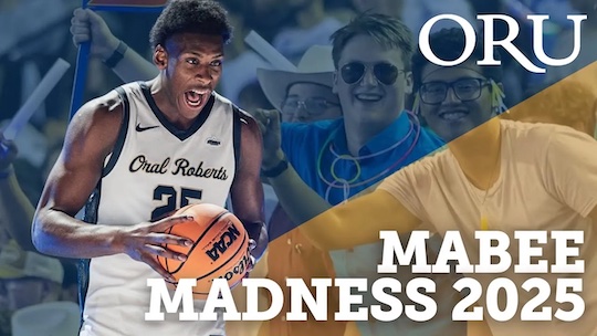 Video Thumbnail of a basketball player wearing a white jersey with the text “Oral Roberts” and the number 25 is holding a basketball.